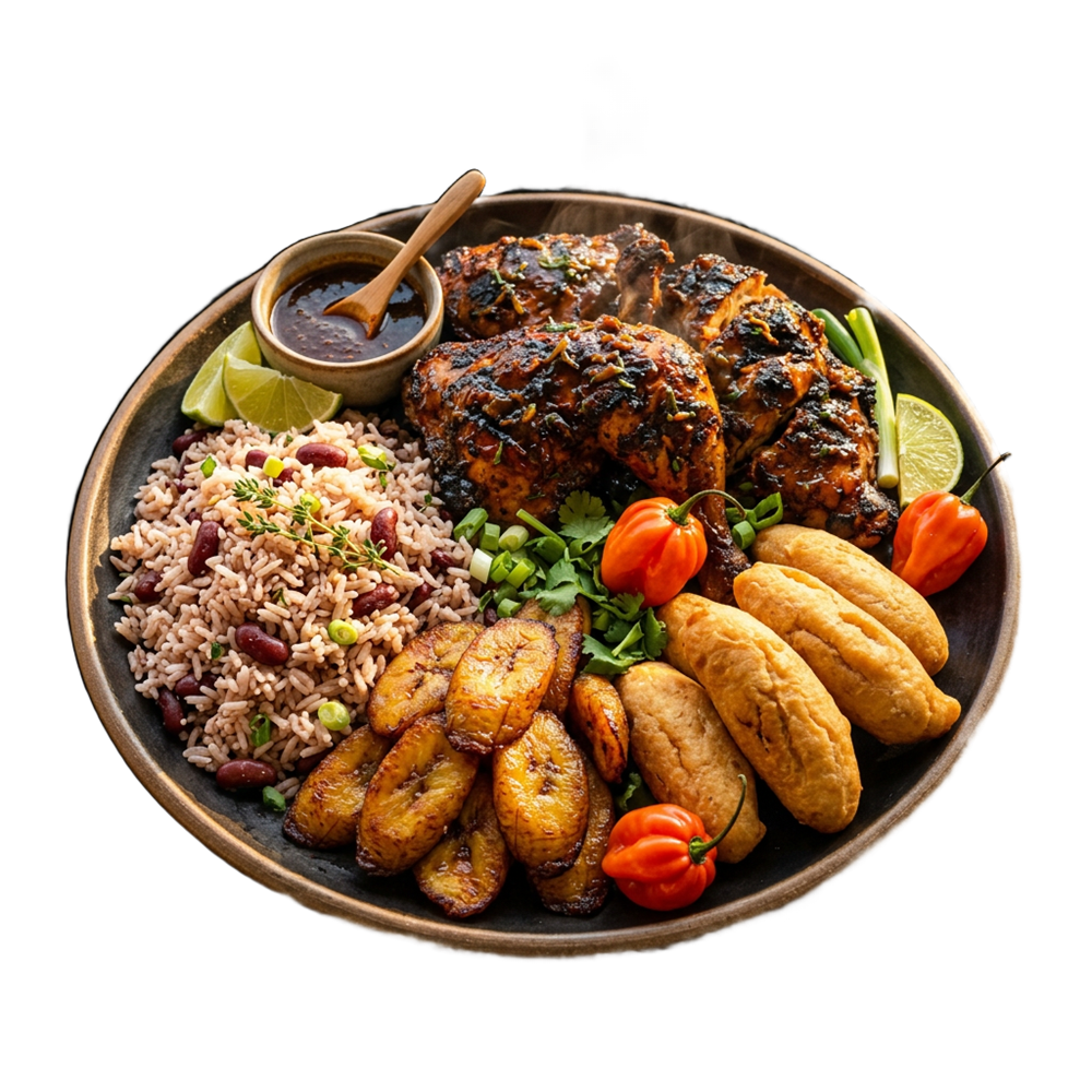 A Jamaican feast platter with jerk chicken, rice and peas, fried plantains and festival