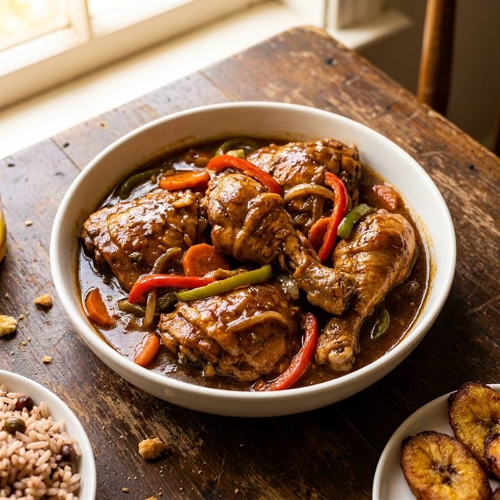 Brown stew chicken in dark gravy with peppers