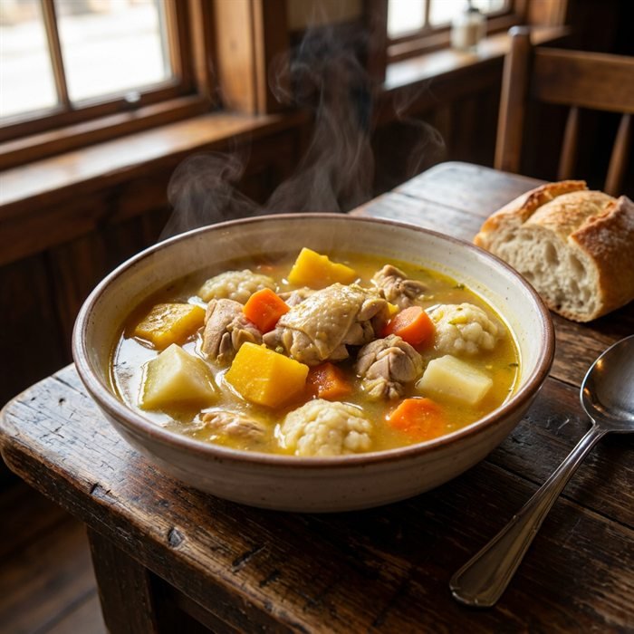 Jamaican chicken soup with dumplings and pumpkin