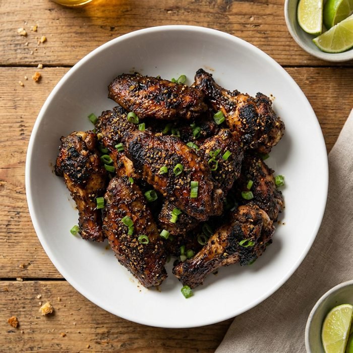 Charred jerk chicken wings with scallion