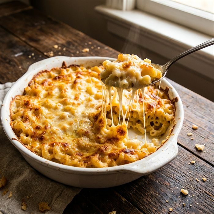 Baked mac and cheese with a golden top